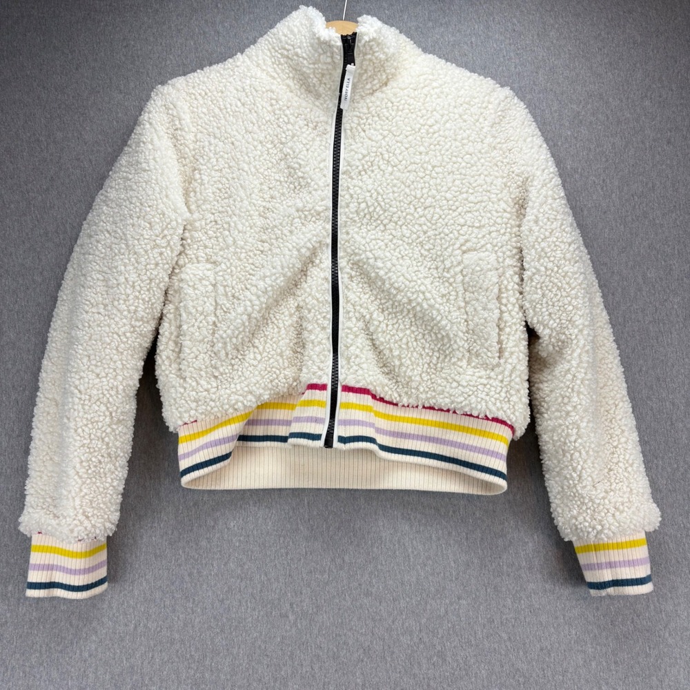 Ivory Ella Jacket Women's S White Sherpa Fleece Zip Up Striped Cuffs & Hem